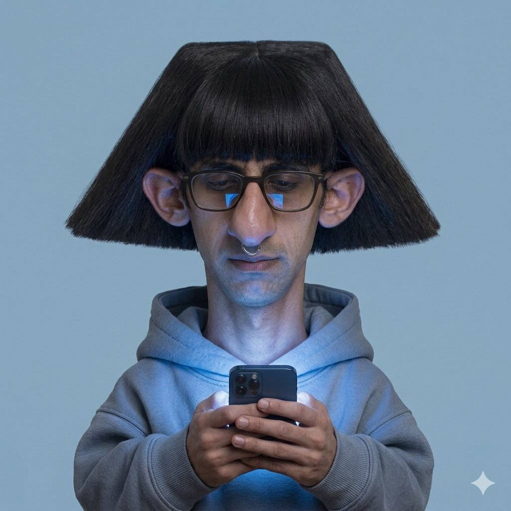 Frank, with a giant bowl cut and glasses, staring down at his phone